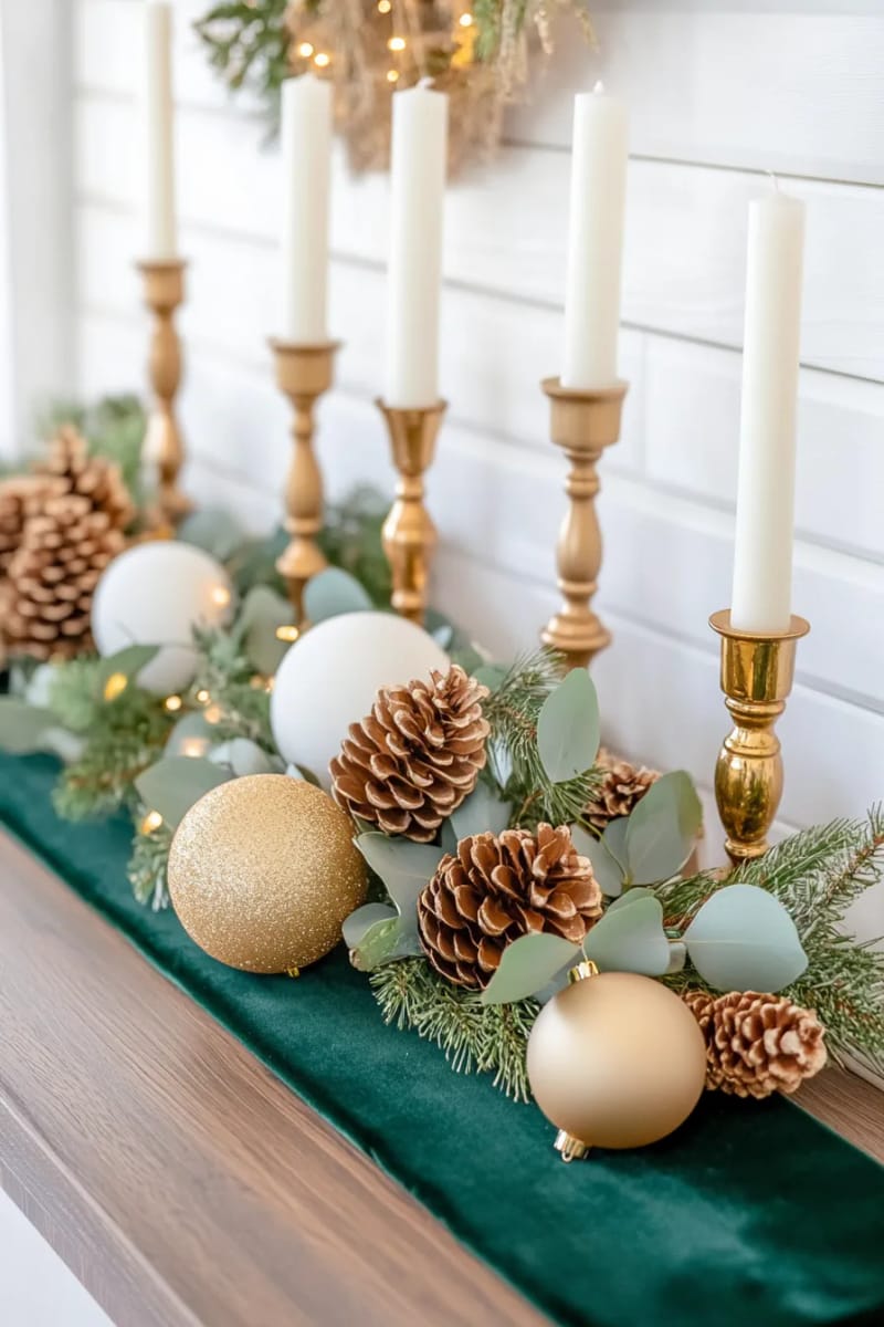 25 Green Christmas Fireplace Decor Ideas for a Fresh and Festive Mantel 45 deep green velvet runner draped across the mantel with gold candlesticks 1