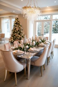 delicate crystal icicles hanging from a chandelier over the dining table 48