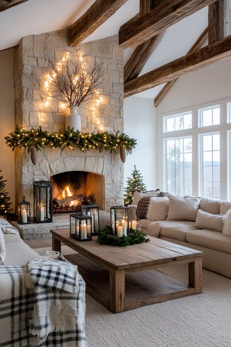 25 Tasteful Christmas Decor Ideas for a Cozy Holiday Home 92 delicate string lights woven through a minimalist bare branch arrangement 1