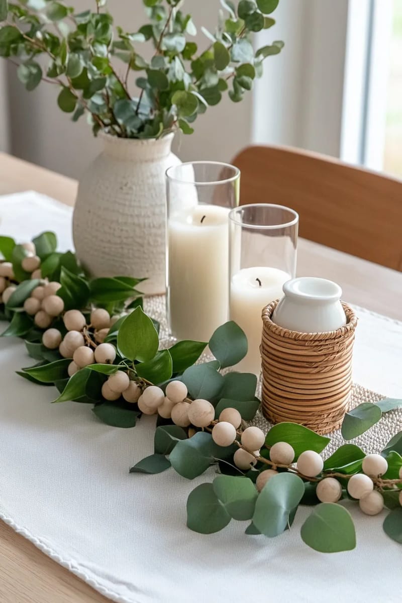 delicate wooden bead garlands intertwined with eucalyptus sprigs 1