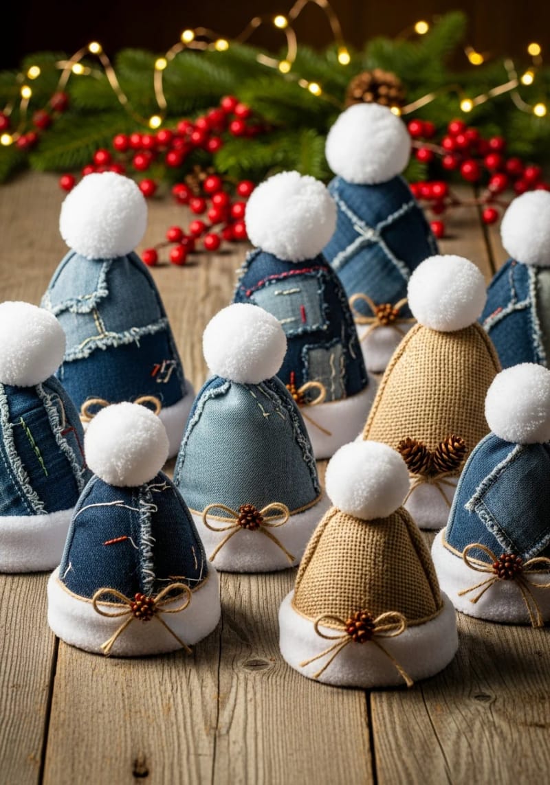 denim and burlap santa hats with pom-poms and rustic charm 1