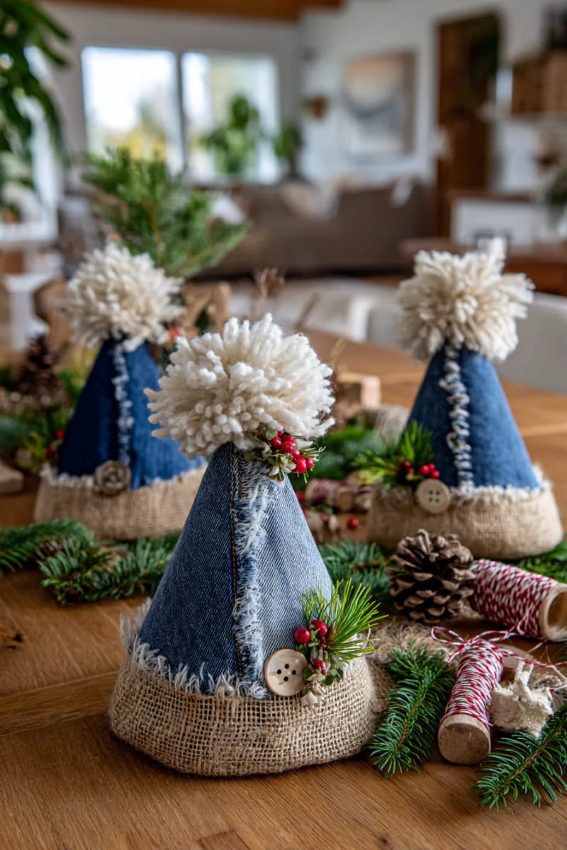 denim and burlap santa hats with pom-poms and rustic charm 1