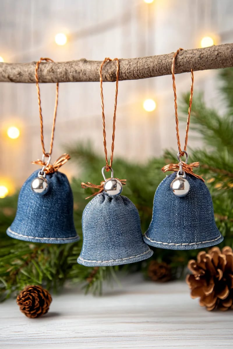 denim bell ornaments with copper wire and jingle bells 1