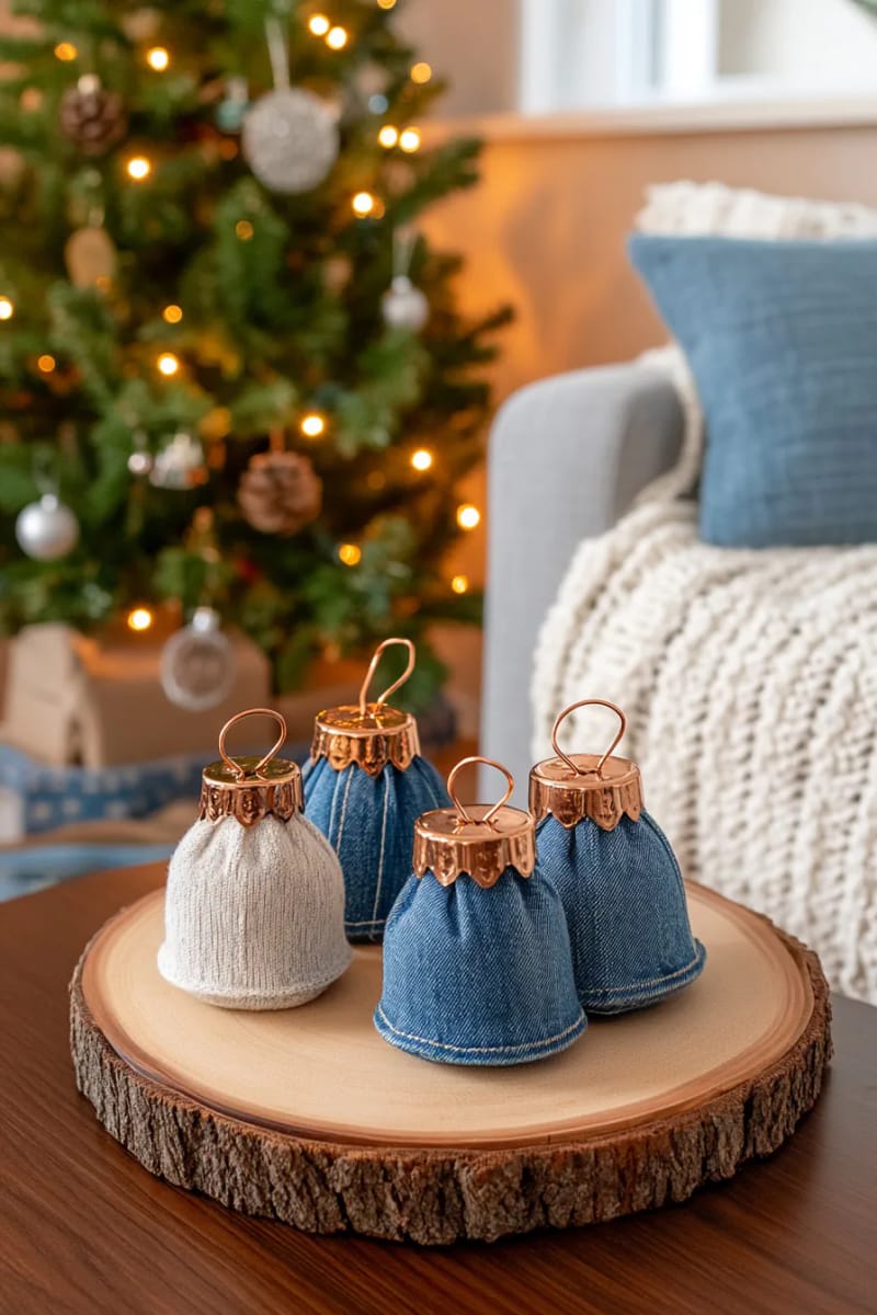 denim bell ornaments with copper wire and jingle bells 1