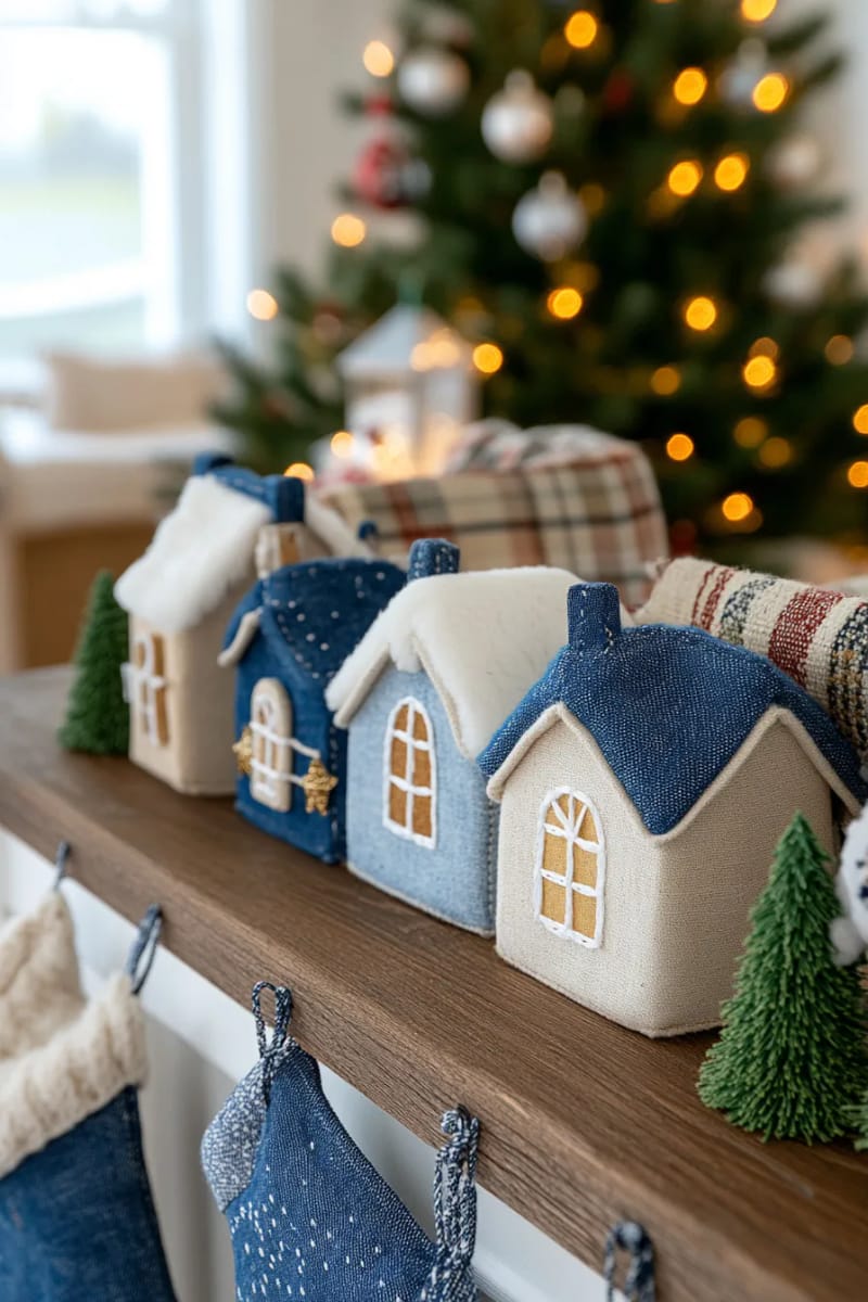 denim christmas village houses with stitched windows and snowy roofs 1
