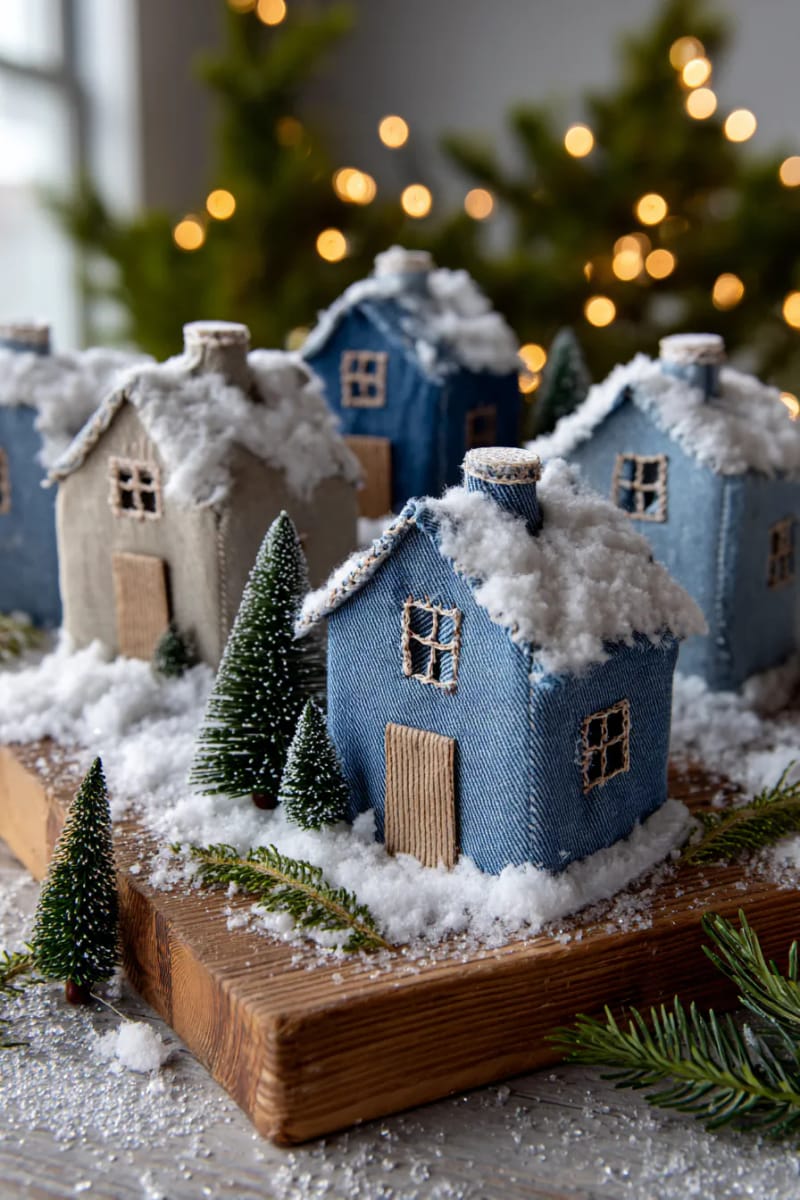 denim christmas village houses with stitched windows and snowy roofs 1