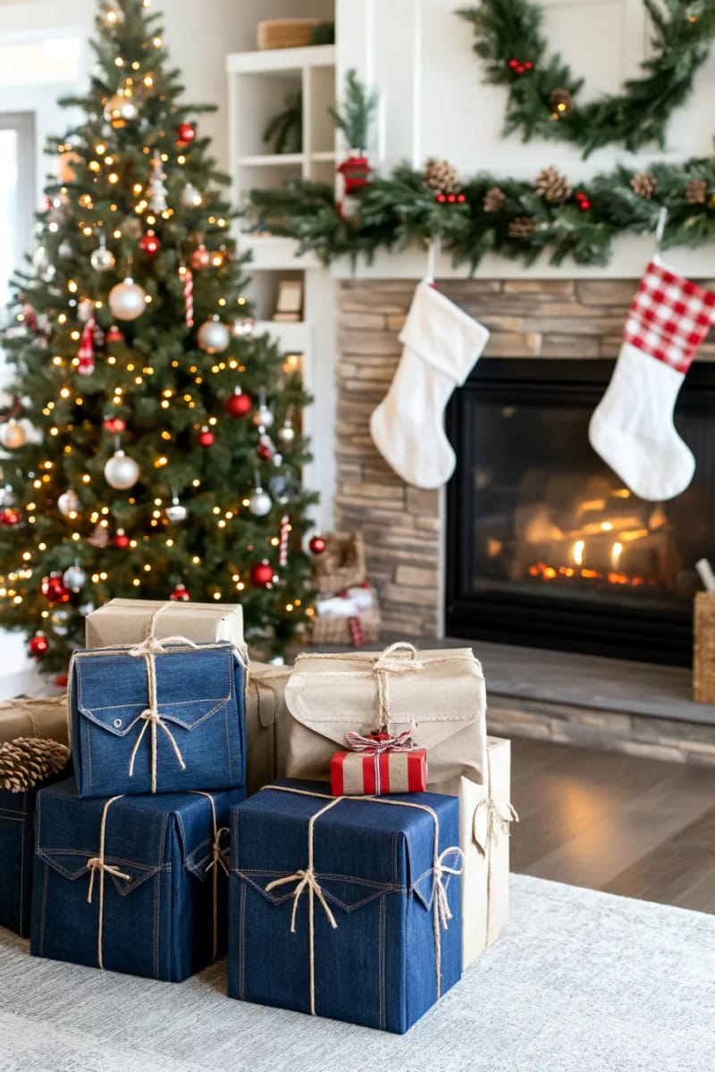 denim envelope pouches for reusable gift wrapping under the tree 1