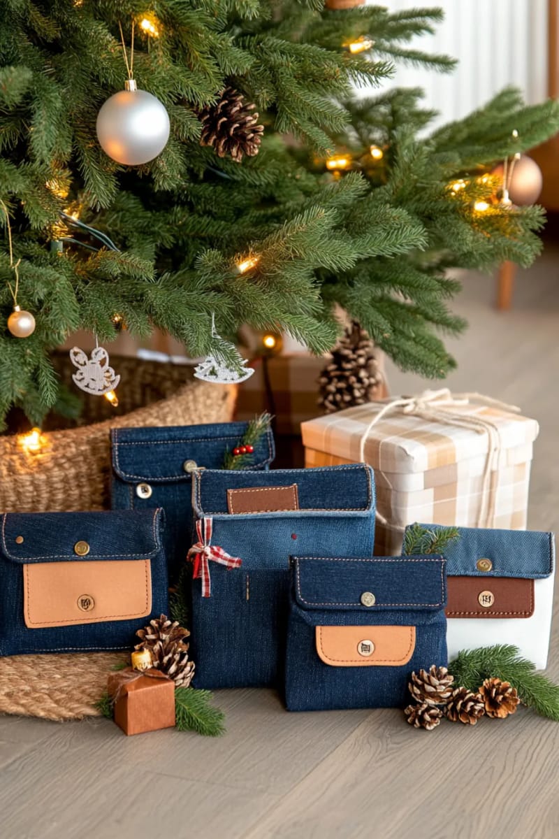 denim envelope pouches for reusable gift wrapping under the tree 1