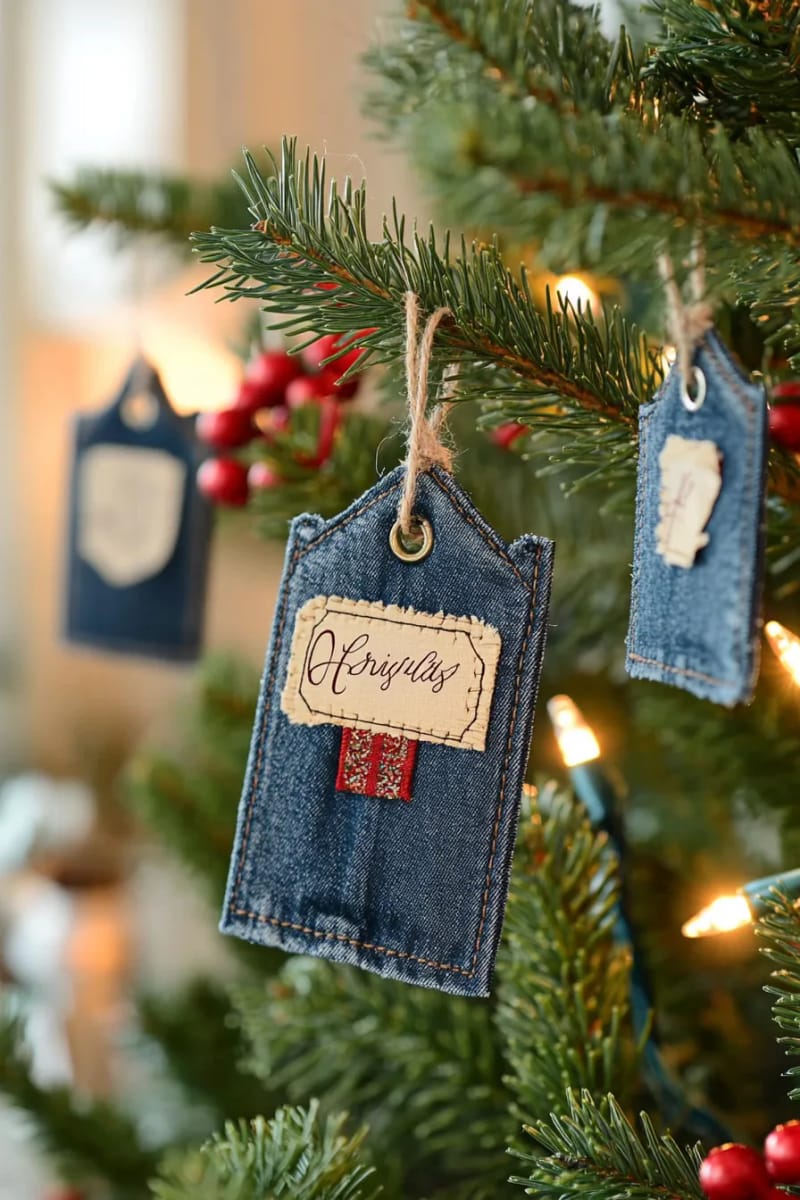 denim gift tags with frayed edges, stamped with holiday messages 1