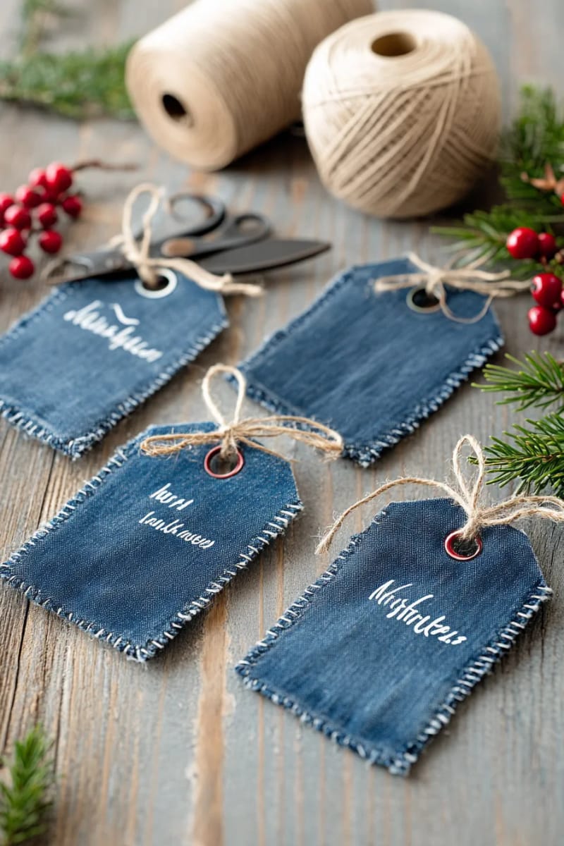 denim gift tags with frayed edges, stamped with holiday messages 1
