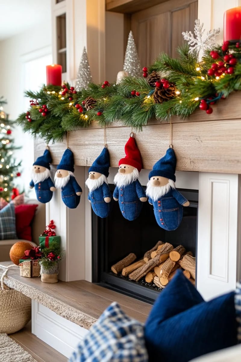 denim patch gnome ornaments with faux fur beards 1