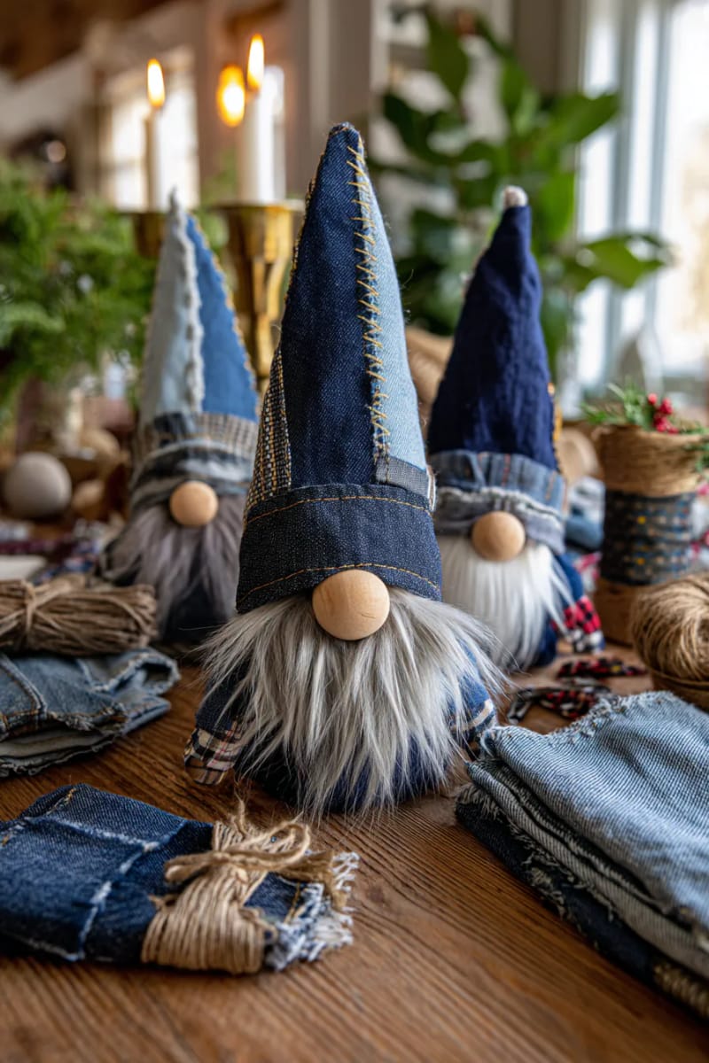 denim patch gnome ornaments with faux fur beards 1