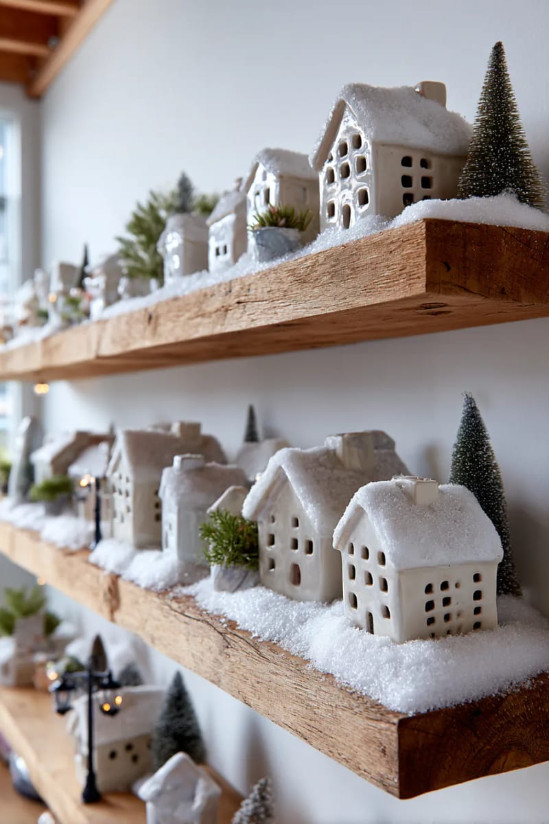 display ceramic village houses on shelves with faux snow 1