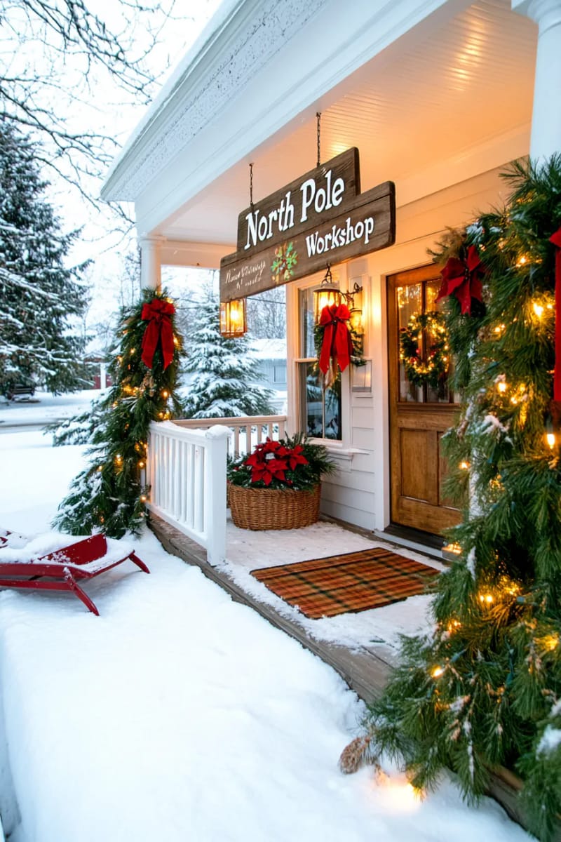 15 Christmas Decor Ideas for a Front Porch DIY That’s Simple but Stunning 18 display wooden “north pole” or “workshop” signs with snow-dusted greenery accents. 1