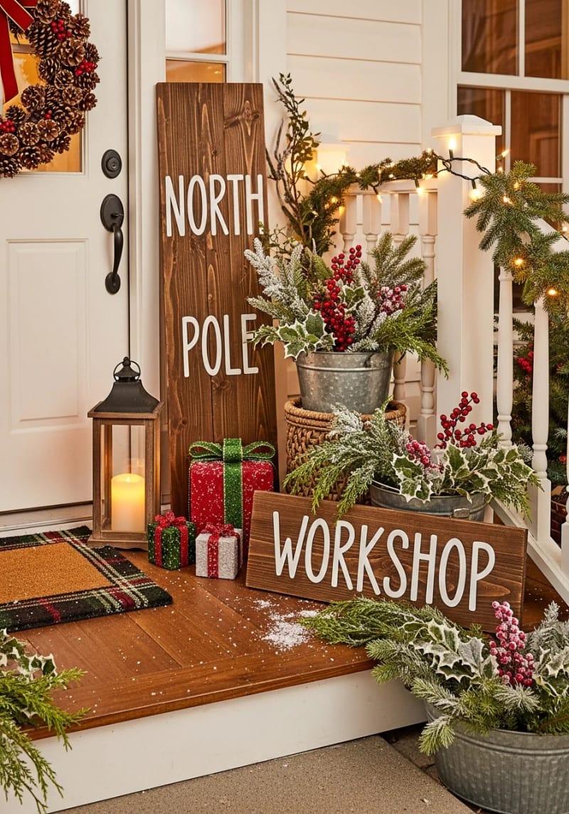 15 Christmas Decor Ideas for a Front Porch DIY That’s Simple but Stunning 19 display wooden “north pole” or “workshop” signs with snow-dusted greenery accents. 1