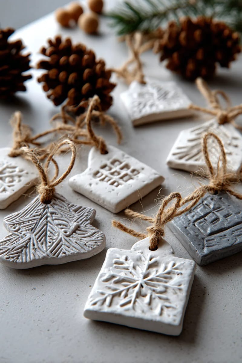 diy clay ornaments stamped with nordic patterns, tied with linen string 1