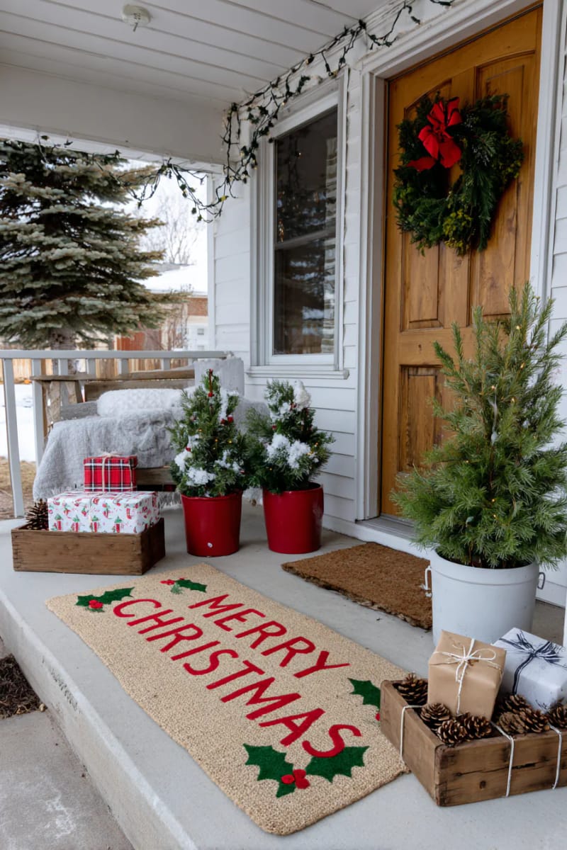 diy doormat with stenciled “merry christmas” in cheerful colors 1