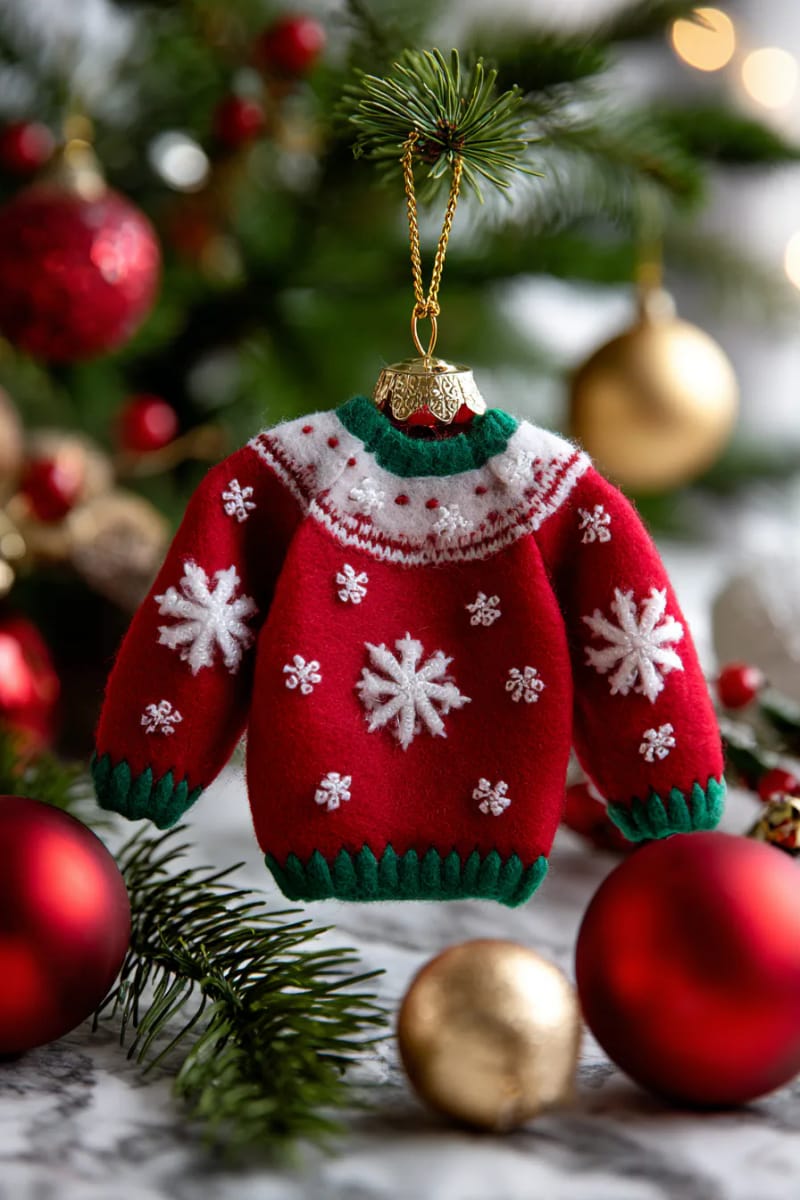 diy felt christmas sweater ornament with tiny embroidered snowflakes 1