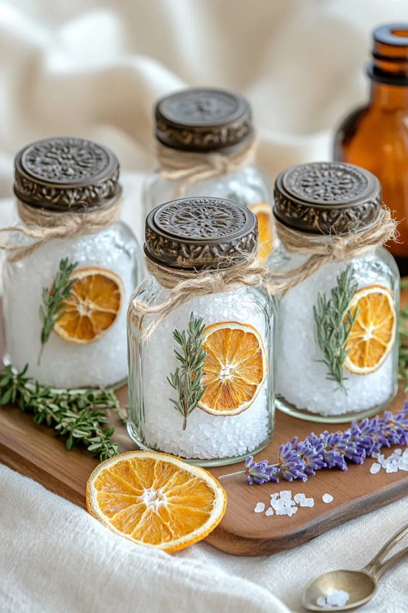 29 Eco-Friendly Christmas Gift Ideas DIY for a Thoughtful Holiday 14 diy herbal bath salts in vintage glass containers adorned with dried orange slices 1