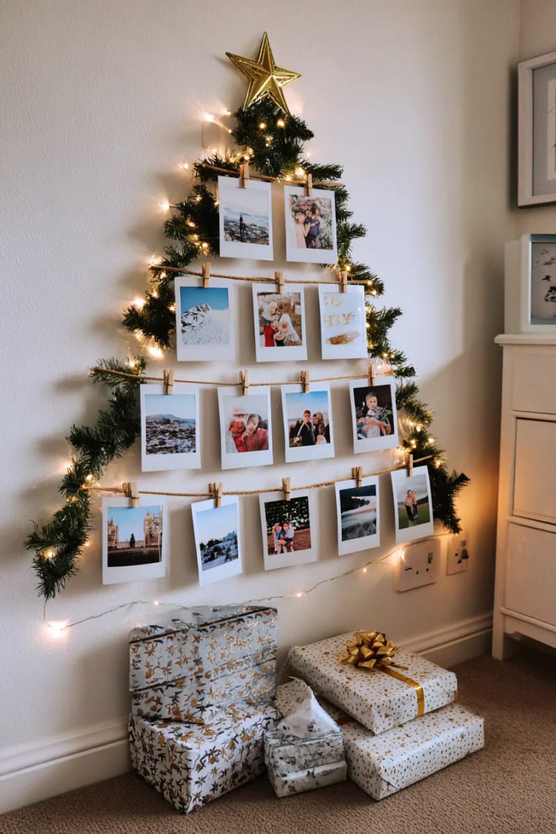 diy polaroid photo tree on wall with clothespins and fairy lights 1