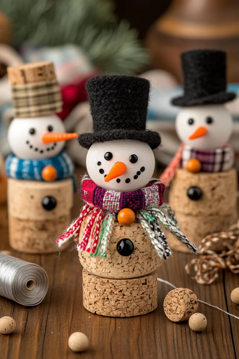29 Upcycled Christmas Crafts For Unique Holiday DIY Projects 23 diy snowman ornaments using wine corks and fabric scraps for scarves 1