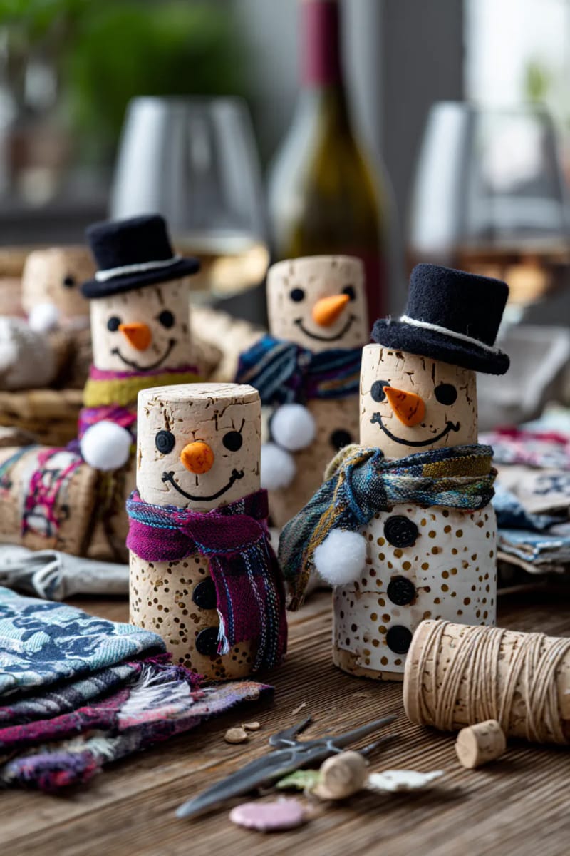 29 Upcycled Christmas Crafts For Unique Holiday DIY Projects 24 diy snowman ornaments using wine corks and fabric scraps for scarves 1