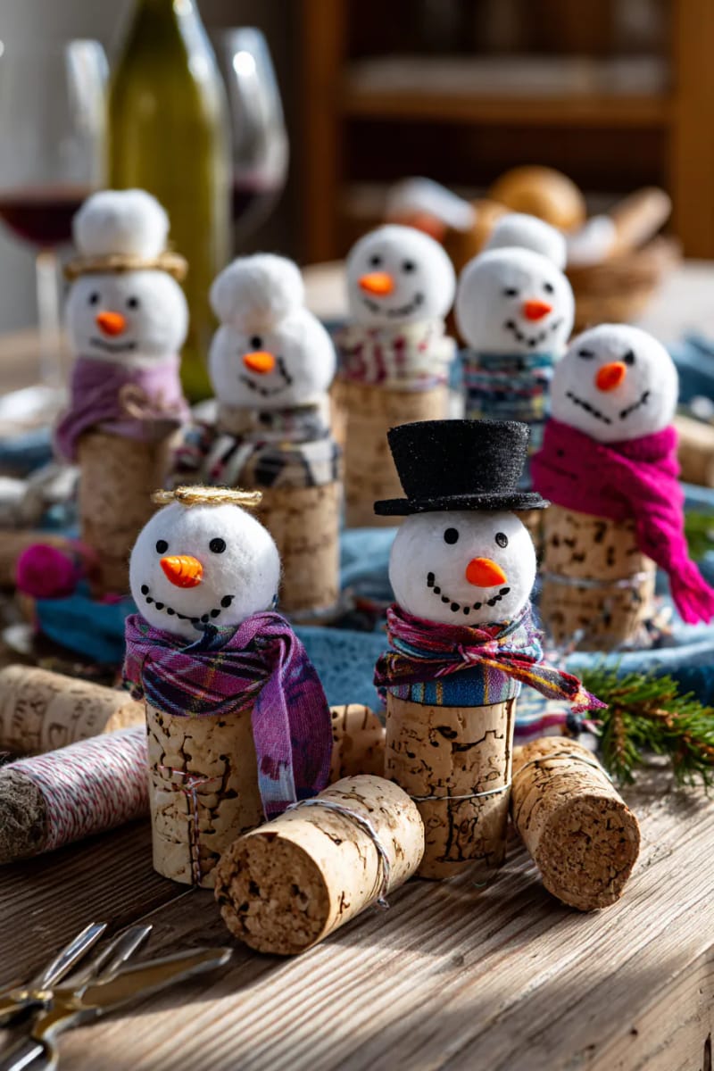 29 Upcycled Christmas Crafts For Unique Holiday DIY Projects 25 diy snowman ornaments using wine corks and fabric scraps for scarves 1