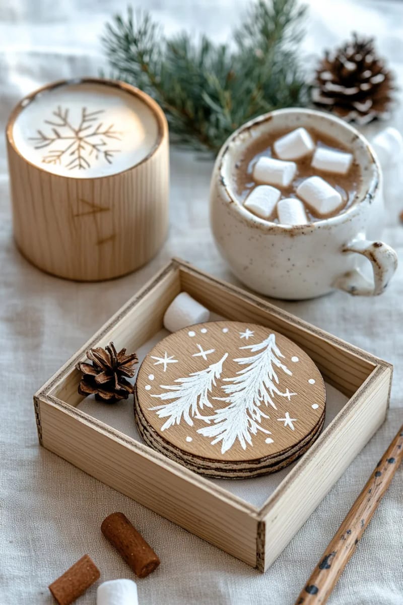 diy wooden coasters painted with minimalist holiday patterns 1