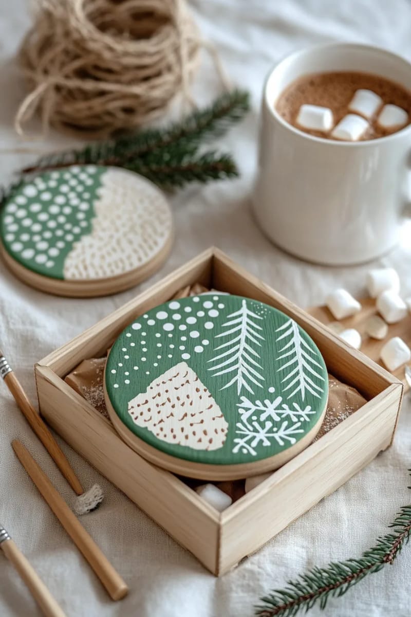 diy wooden coasters painted with minimalist holiday patterns 1