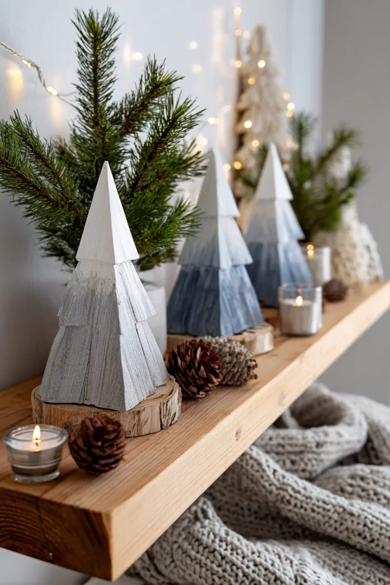 diy wooden triangle trees painted in gradient winter hues 1