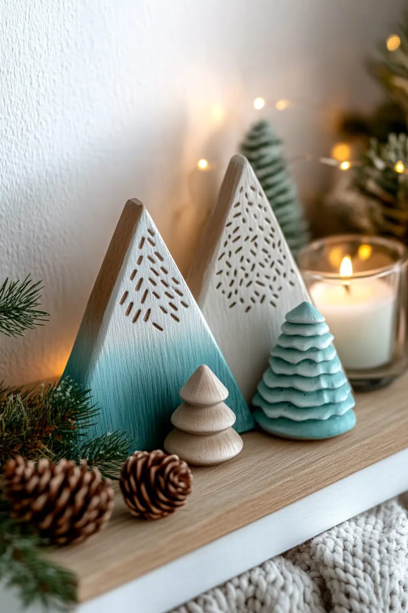 diy wooden triangle trees painted in gradient winter hues 1