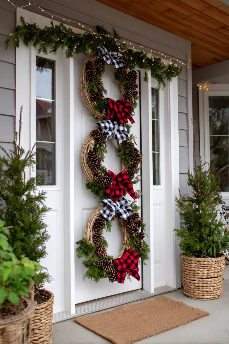 dollar store wreaths stacked with plaid bows and pinecones 1