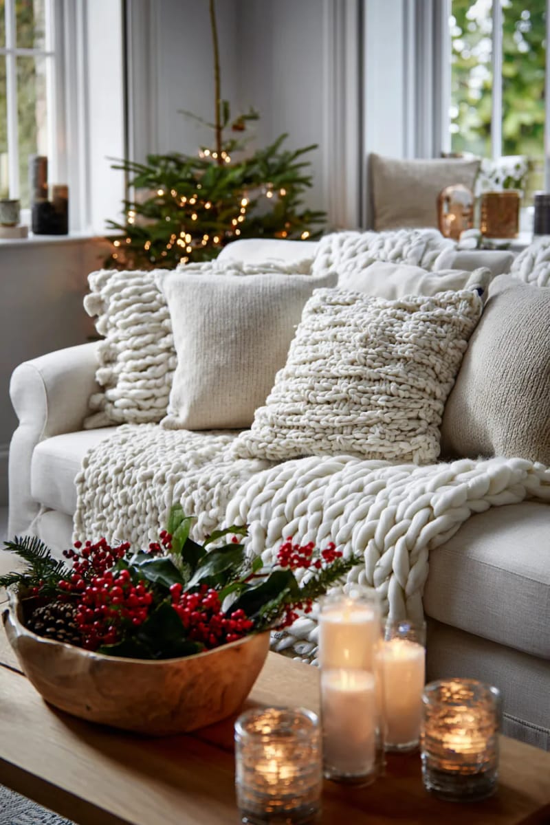 drape chunky knit throws over sofas with cream and taupe cushions 1