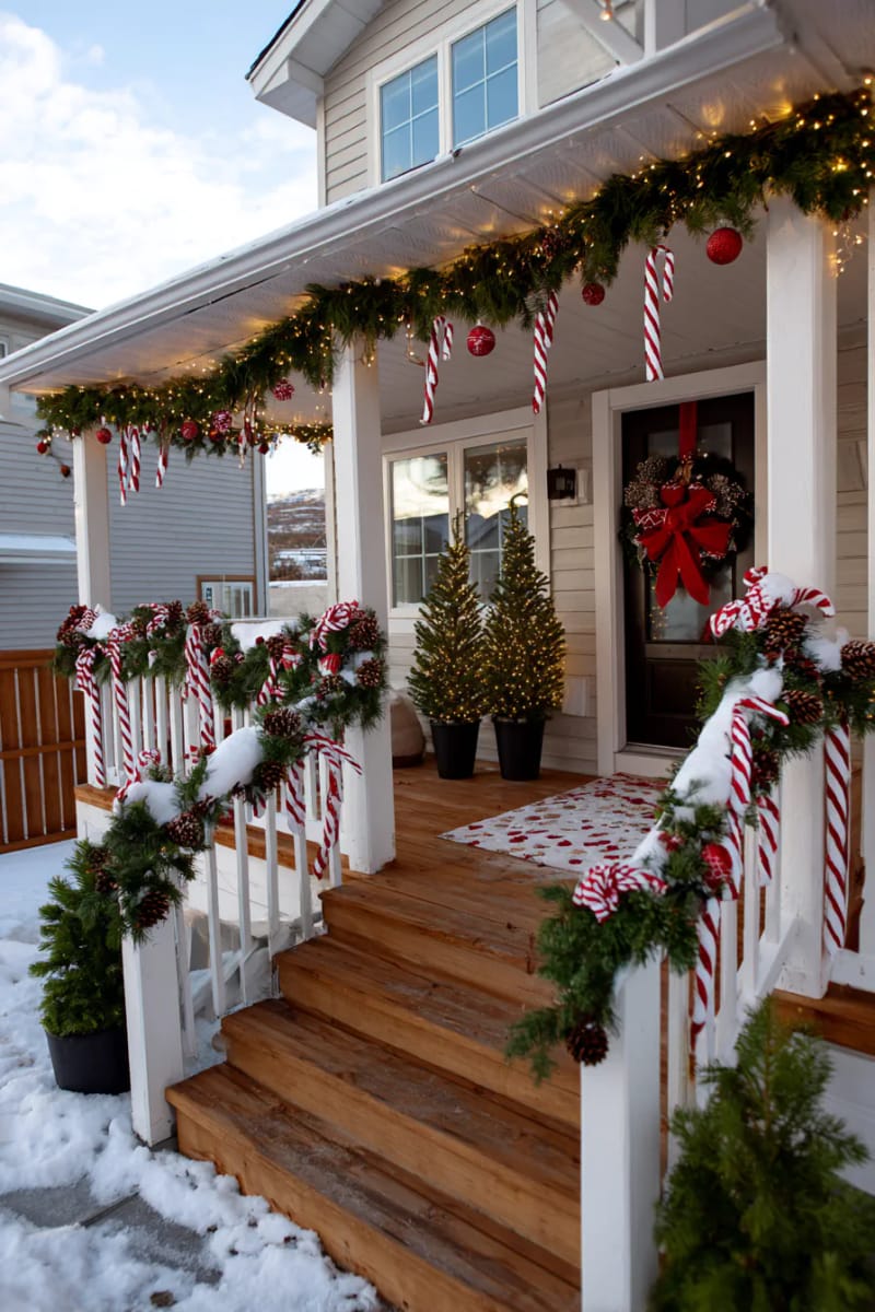 15 Christmas Decor Ideas for a Front Porch DIY That’s Simple but Stunning 9 drape oversized candy cane decorations along porch railings for playful, festive vibes. 1