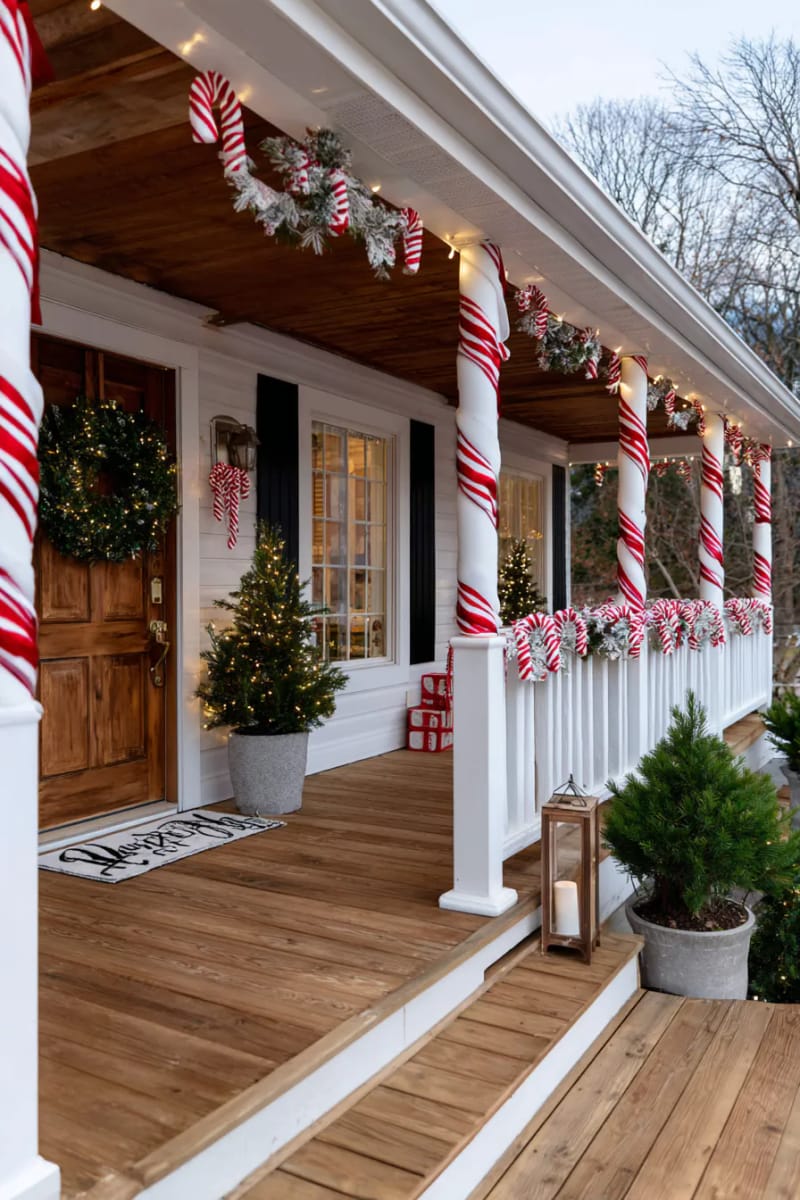 15 Christmas Decor Ideas for a Front Porch DIY That’s Simple but Stunning 10 drape oversized candy cane decorations along porch railings for playful, festive vibes. 1