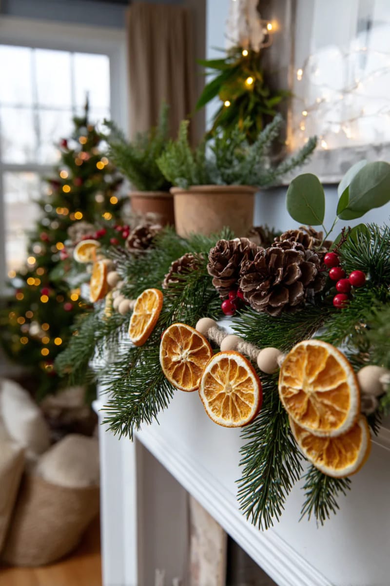 dried orange slice garlands strung with natural twine and wooden beads 1