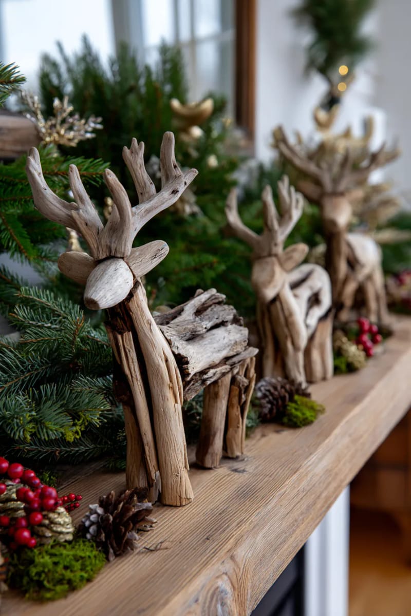 driftwood reindeer figurines for a woodland mantel display 1