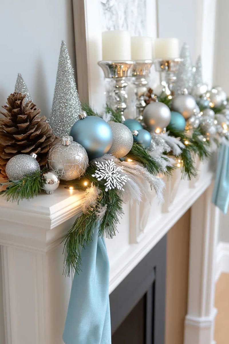 23 Elegant Christmas Decor Ideas You’ve Never Seen Before 23 dusty blue and silver baubles paired with white feathery garlands 1