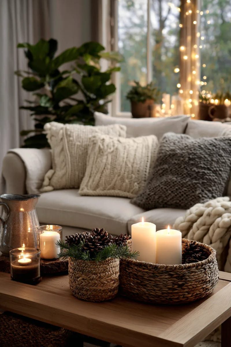 earthy home corner with basketed trees, natural textiles, and soft candlelight 1
