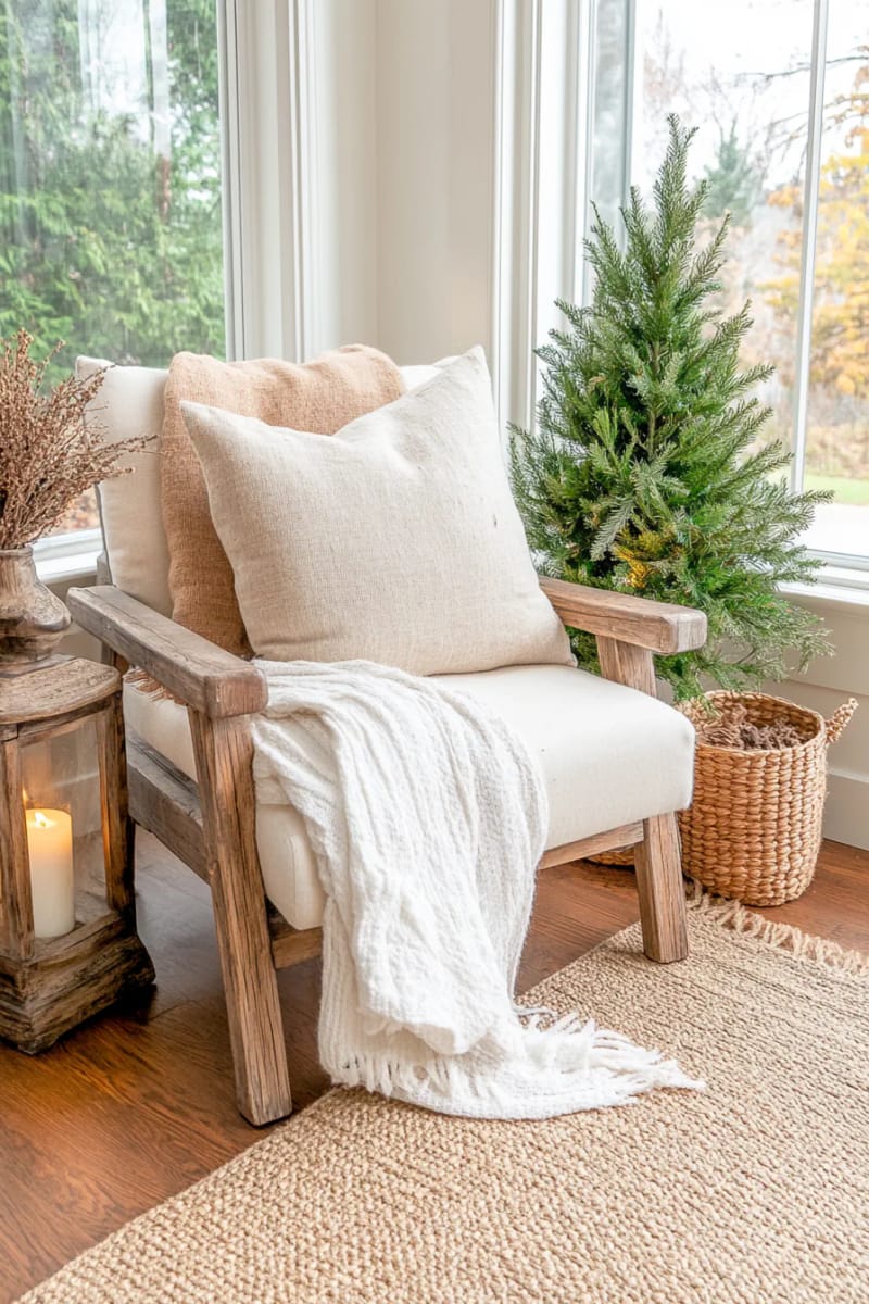 earthy home corner with basketed trees, natural textiles, and soft candlelight 1