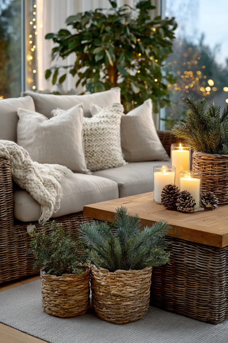 earthy home corner with basketed trees, natural textiles, and soft candlelight 1