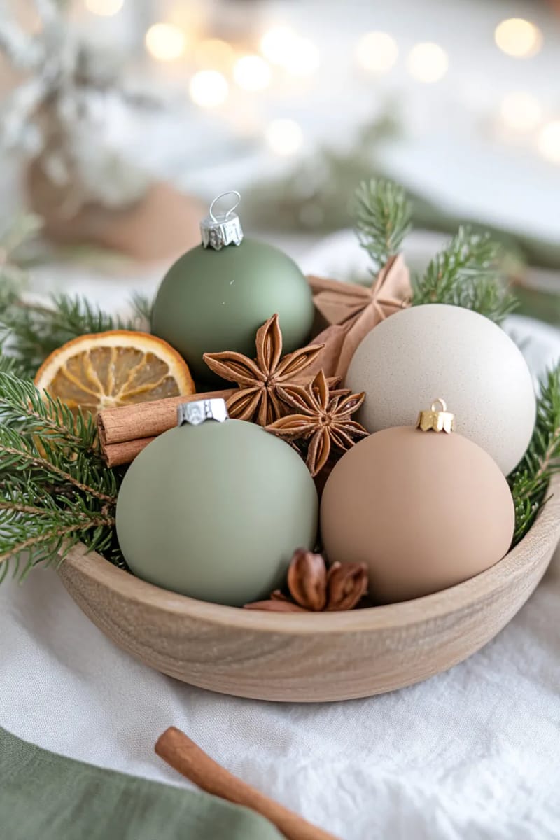 earthy-toned baubles mixed with dried fruit and wooden shapes 1