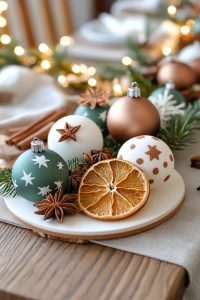 earthy-toned baubles mixed with dried fruit and wooden shapes 33