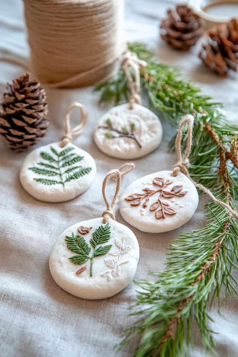 eco-friendly ornaments from salt dough and stamped botanical designs 1