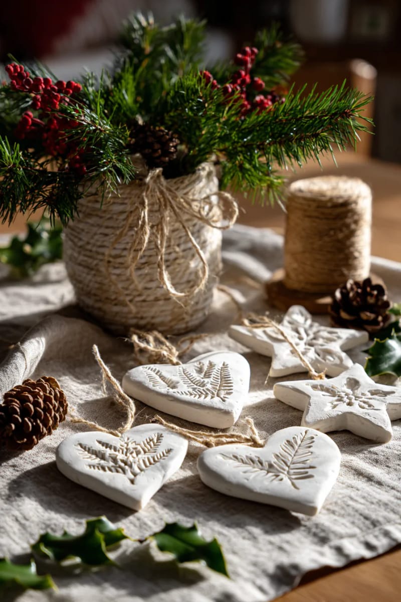 eco-friendly ornaments from salt dough and stamped botanical designs 1