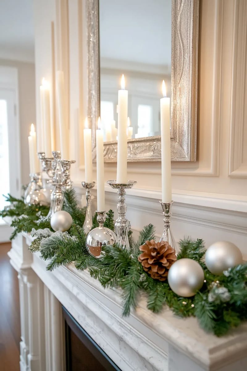 elegant crystal candlesticks and silver baubles on a marble fireplace 1