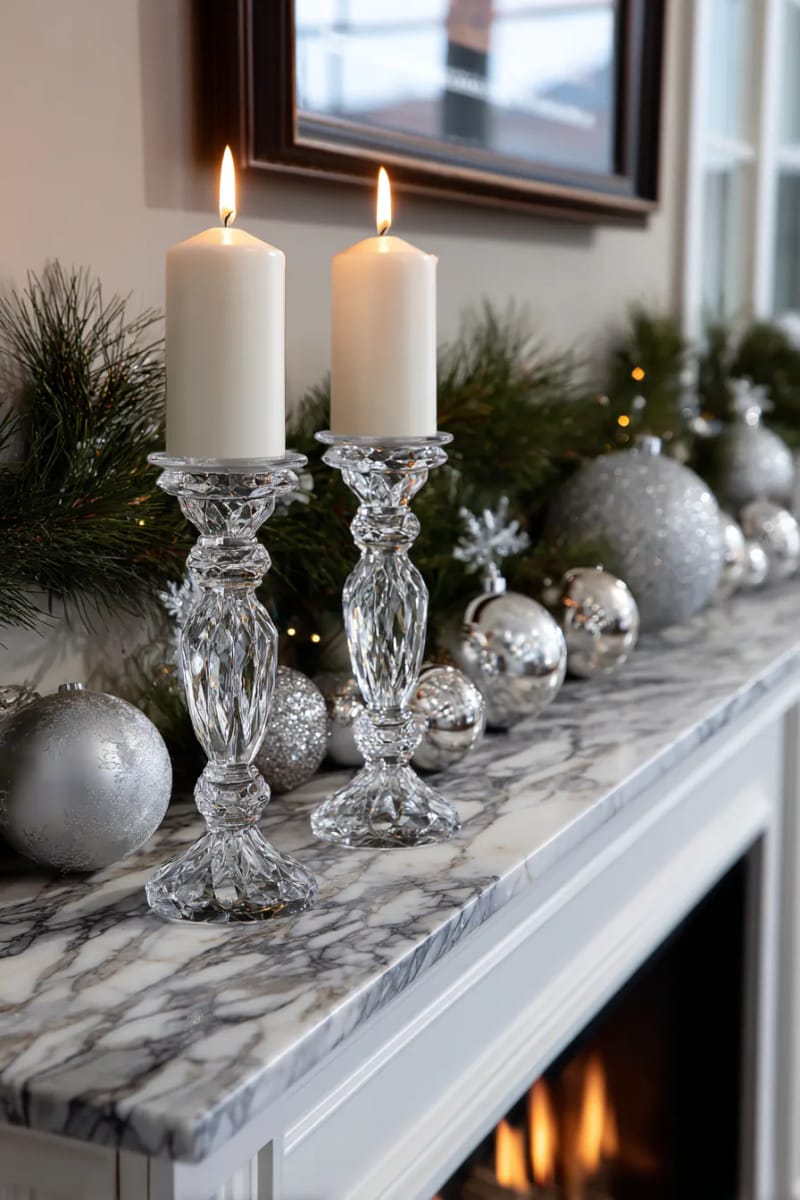 elegant crystal candlesticks and silver baubles on a marble fireplace 1