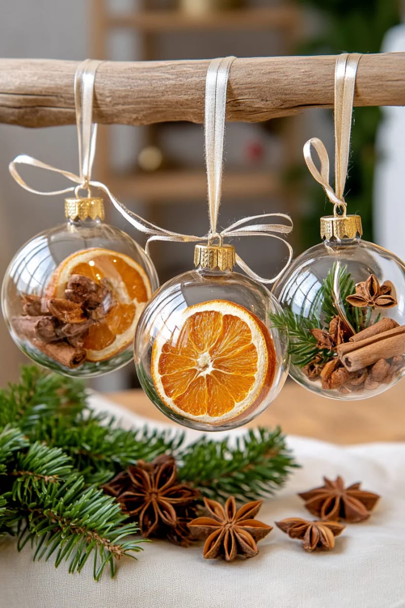 elegant glass baubles filled with dried orange slices and cinnamon 1