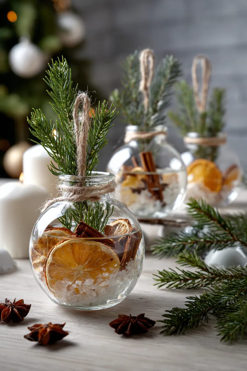 elegant glass baubles filled with dried orange slices and cinnamon 1