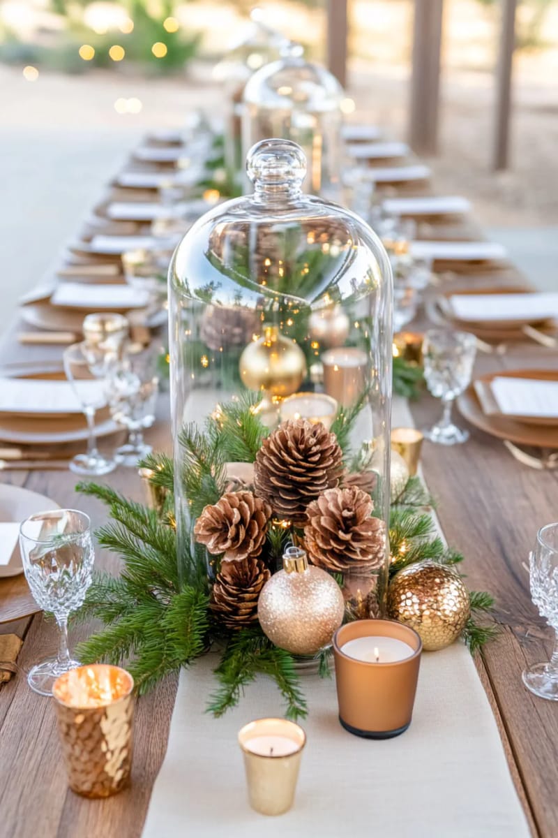 25 Tasteful Christmas Decor Ideas for a Cozy Holiday Home 16 elegant glass cloche with pinecones and gold baubles centerpiece 1